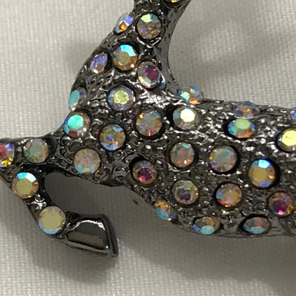 OTC deer brooch, beautiful iridescent rhinestones, 1 1/2 in length